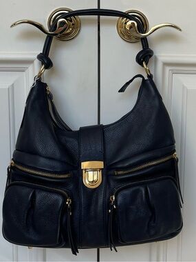Robert Dice Navy Blue Pebbled Leather Hobo Shoulder Bag Gold Hardware & Pockets